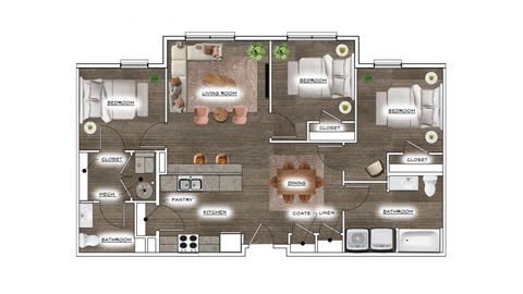 a floor plan of a house with furniture and a wooden floor